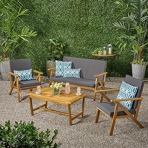 Christopher Knight Home Panama Outdoor Acacia Wood Chat Set with Water Resistant Cushions, 4-Pcs Set, Teak Finish / Grey Christopher Knight Home