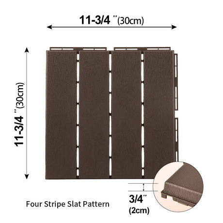 domi outdoor living Patio Deck Tiles, 12 x 12 inches Composite Interlocking Decking Tile, Four Slat Plastic Outdoor Flooring, 27 Pieces One Pack, Dark Brown domi outdoor living