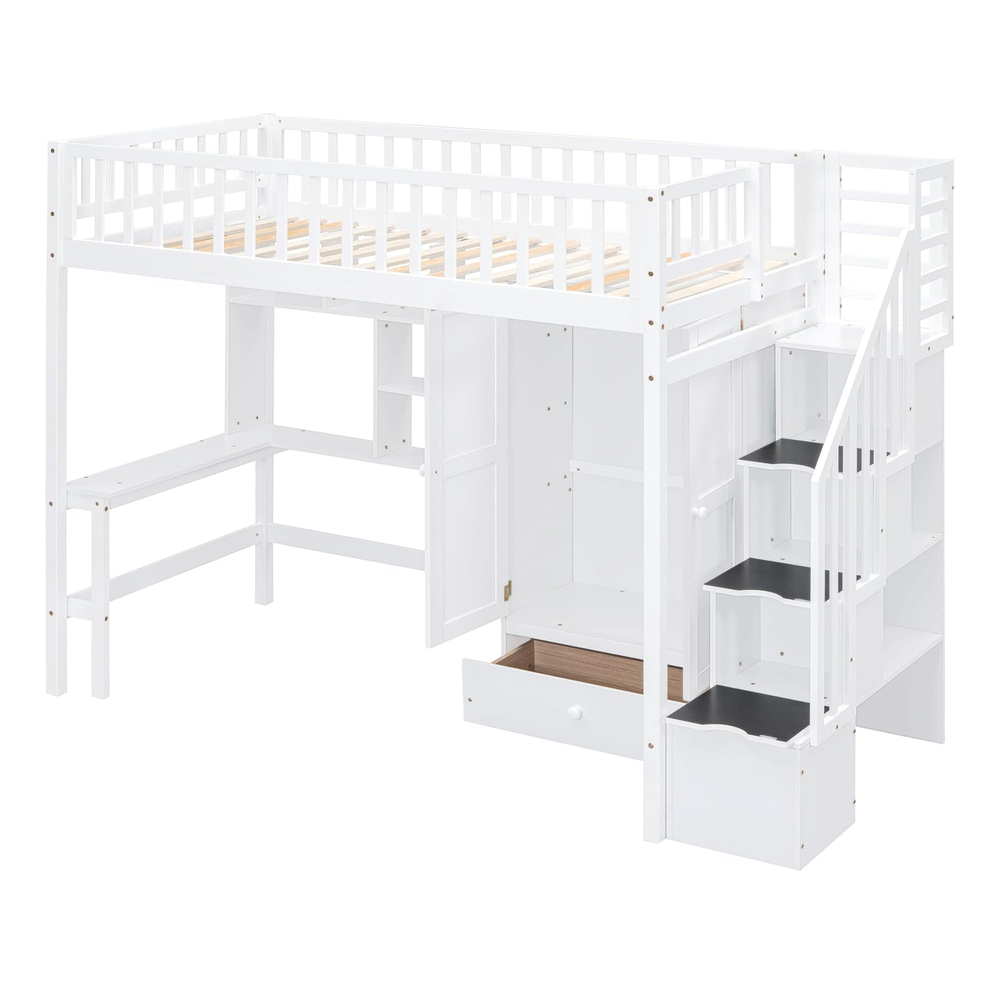 Twin Loft Bed with Desk, Bookshelf, Storage & Stairs by Harper & Bright Designs - Solid Wood in White - WoodArtSupply