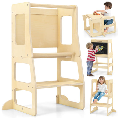 OLAKIDS Toddler Tower, 4 in 1 Foldable Kitchen Stool Learning Standing Tower with Chalkboard Removable Safety Rail, Kids Wooden Collapsible Montessori Step Stool Table and Chair Set Olakids