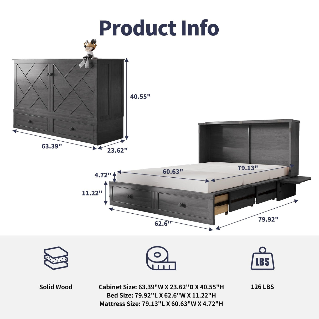 ijuicy Queen Murphy Bed with Foam Mattress, Modern Cabinet Bed with Charging Station & Storage Drawer, Bedroom Armoire (Grey) ijuicy