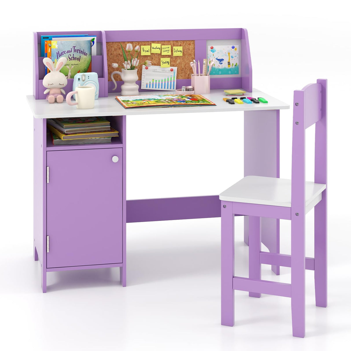 Costzon Kids Desk and Chair Set, Wooden Children Study Table with Storage, Hutch, Cork Bulletin Board, Whiteboard & Marker, Student Computer Workstation Writing Desk for Kids Bedroom, School, Purple Costzon