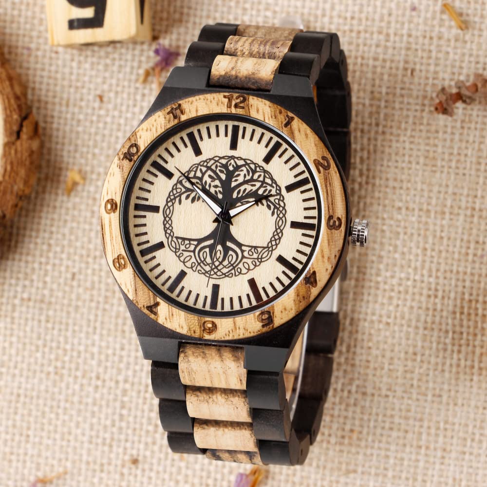 Dentily Men's Wood Watch Engraved Tree of Life Pattern Quartz Watch for Men Hand-Made Wooden Watches Dentily