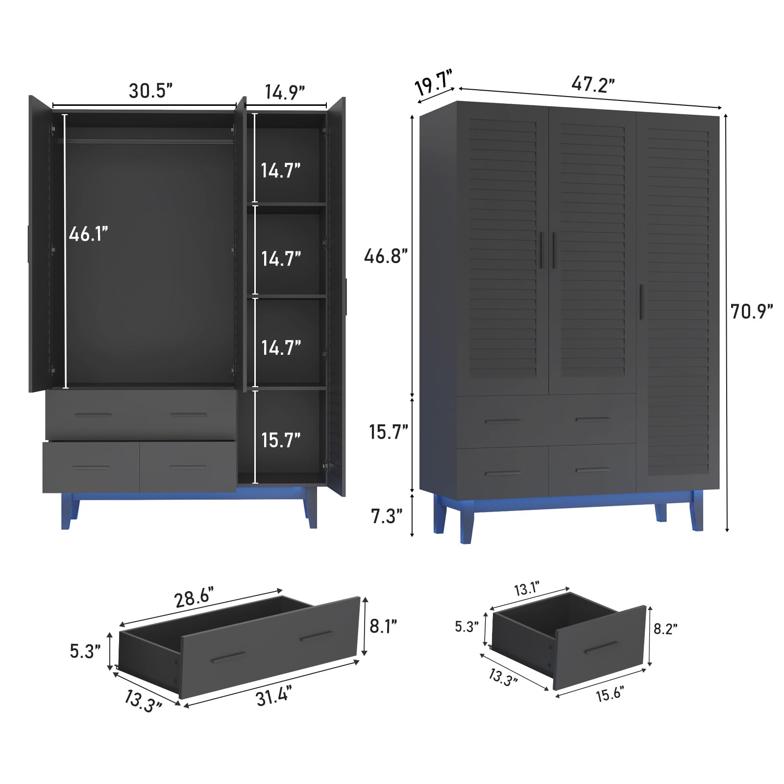 jiteentarou 3 Door Armoire Wardrobe Closet Cabinet with Drawers and LED Lights, Multi-Tier Shelves, Hanging Rod & 3 Louver Doors, Large Capacity Storage Wardrobe Armoire for Bedroom(3 Doors B - WoodArtSupply