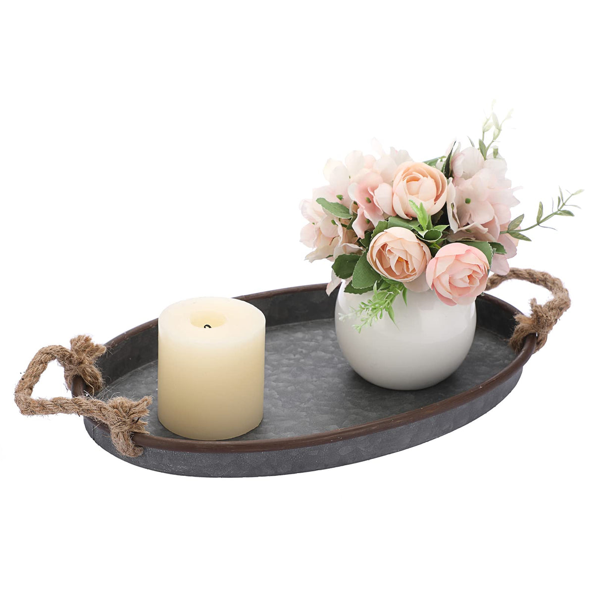 Hipiwe Galvanized Metal Iron Oval Tray with Rope Handle Farmhouse Serving Tray Rustic Industrial Decorative Centerpiece for Coffee Table Weddings and Parties Decor,Small Hipiwe