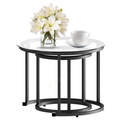 aboxoo Black Nesting Coffee Glass Table Set of 2, Metal Freme Side End Tables for Living Room Bedroom for Apartment Small Place Modern Industrial Simple, 23.6D x 23.6W x 17.7H in aboxoo