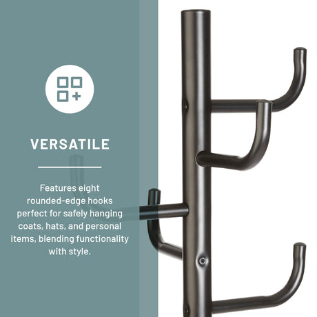 Safco Hook Head Coat Rack, Freestanding Hat and Jacket Hanger with 8 Rounded Edge Hooks, Durable Black Powder Coat Finish Safco
