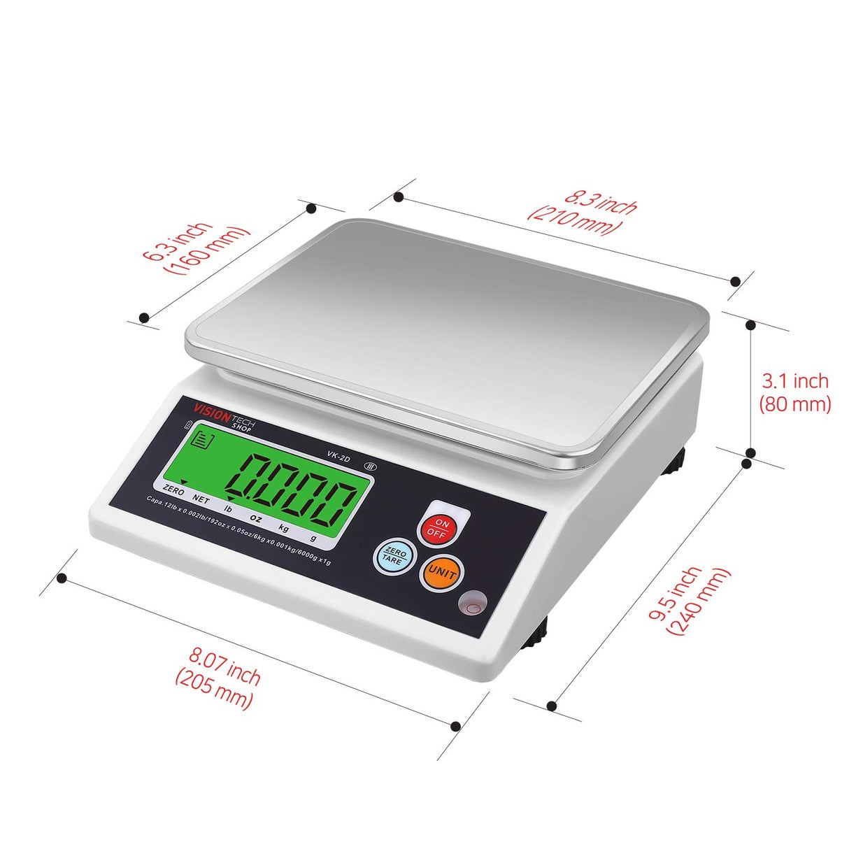 VisionTechShop VK-2D 0.1g Premium Food Kitchen Scale, Lb/Oz/Kg/g Switchable, Stainless Steel Plate Food Scale, Large LCD Display with Backlight, 12lb Max Capacity, 0.001lb Readability VisionTechShop