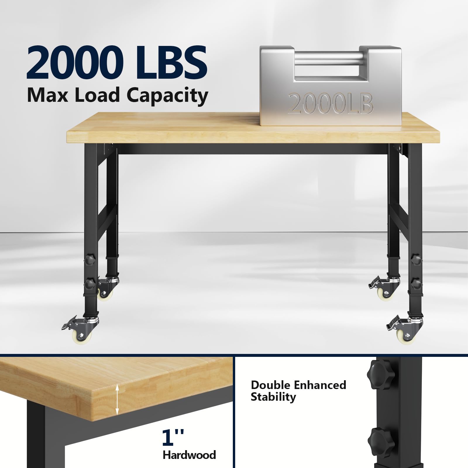 48'' Adjustable Workbench, 4 Heights Work Bench with Wheels and Power Outlets, 2000 LBS Heavy Duty Work Bench Table, Hardwood Work Benches for Garage, Workshop, Office, Home - WoodArtSupply