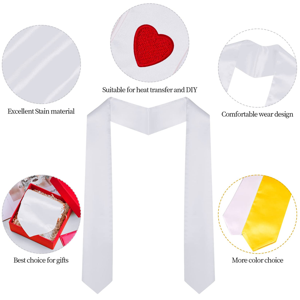 Tongcloud 6pcs 70 Inch Unisex Graduation Stole Sash Adult Plain Sublimation Graduation Stole Plain Satin Stole for Men Women(White) Tongcloud