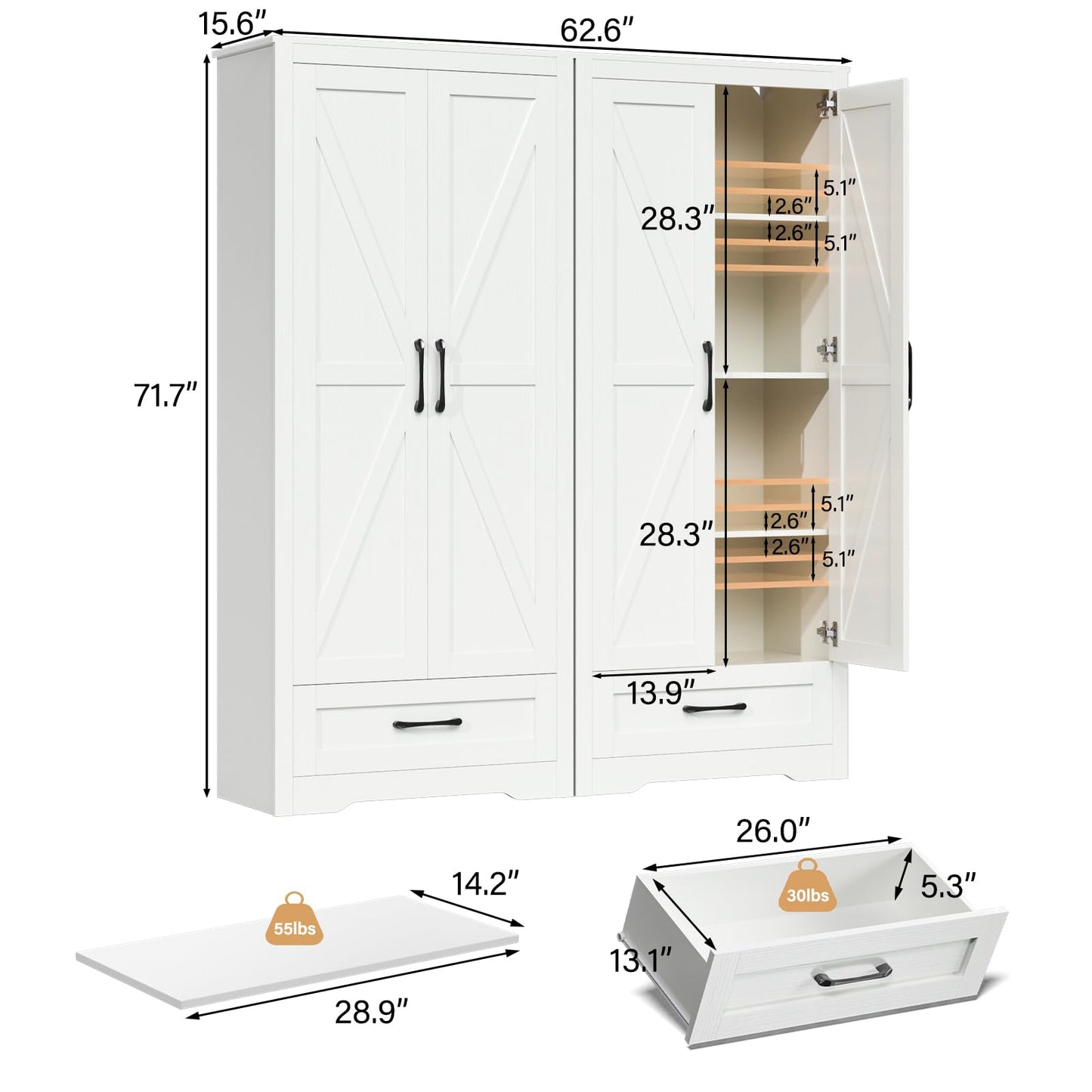 RESOM Tall Farmhouse Storage Cabinet with Barn Door and Drawer, 72" Tall Kitchen Pantry with Adjustable Shelves, White Storage Cabinet for Kitchen, Dining Room, Bathroom, Living Room, Set of  - WoodArtSupply