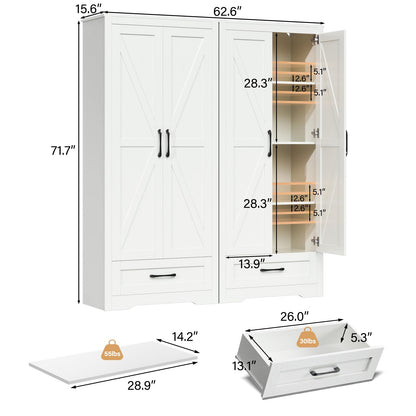 RESOM Tall Farmhouse Storage Cabinet with Barn Door and Drawer, 72" Tall Kitchen Pantry with Adjustable Shelves, White Storage Cabinet for Kitchen, Dining Room, Bathroom, Living Room, Set of  - WoodArtSupply