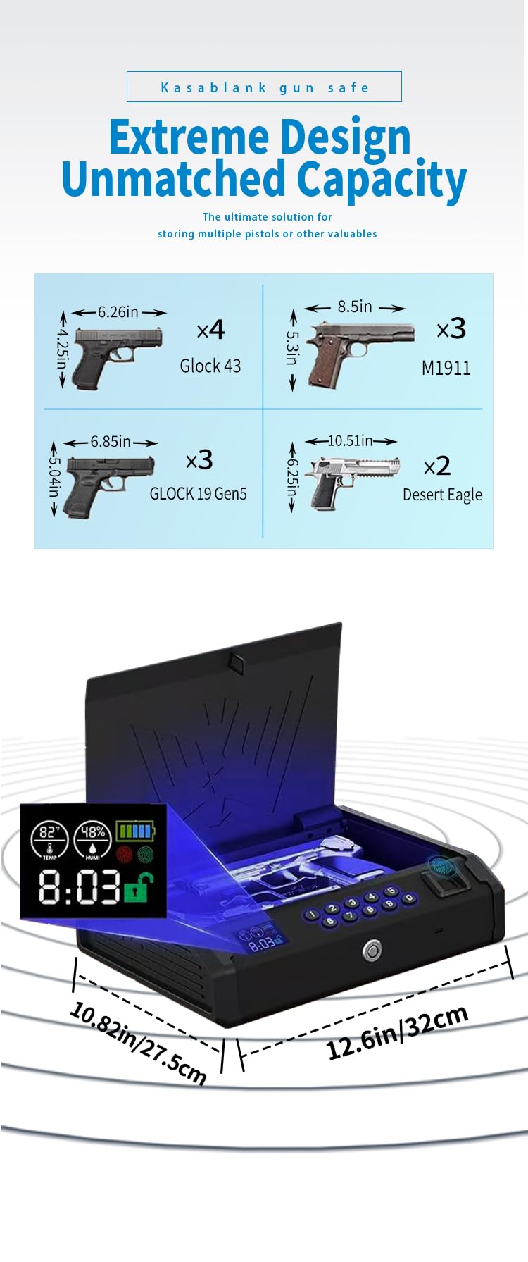 KASABLANK Gun Safe for Pistols - 3 Ways Unlock (Fingerprint/Digital PIN/Key) with Quick Access, LCD Temperature & Humidity Display, Solid Steel Safe for Home, Nightstand, Bedroom, Car and Cloakroom Generic