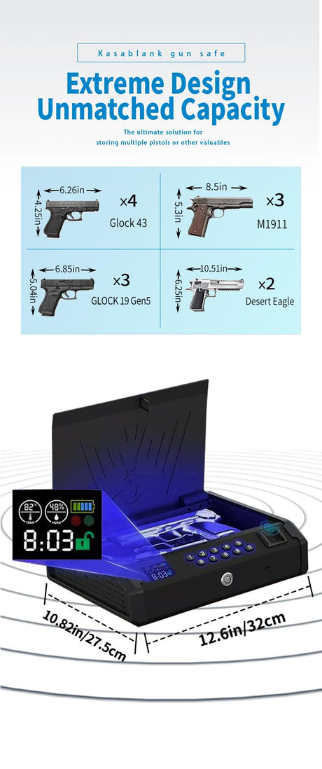 KASABLANK Gun Safe for Pistols - 3 Ways Unlock (Fingerprint/Digital PIN/Key) with Quick Access, LCD Temperature & Humidity Display, Solid Steel Safe for Home, Nightstand, Bedroom, Car and Cloakroom Generic