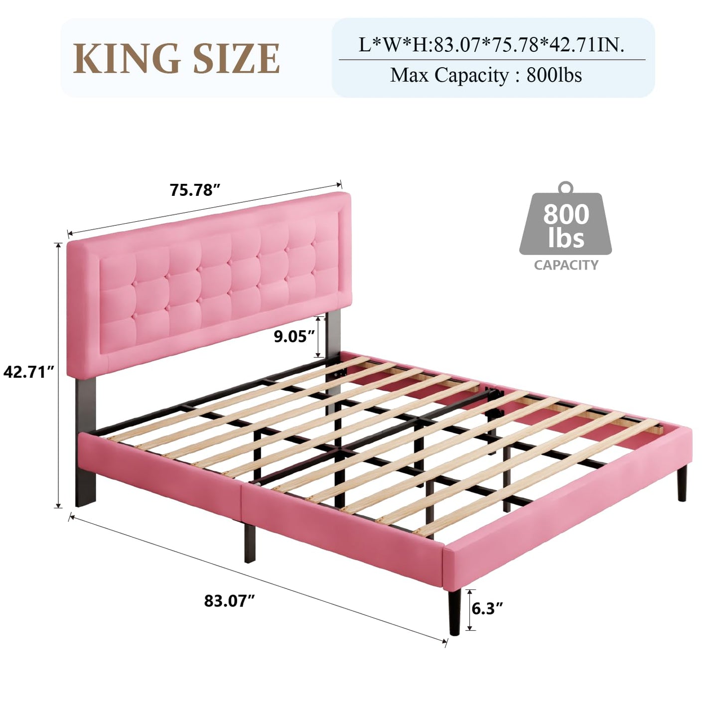 CXVX King Size Bed Frame with Headboard, Platform Bed Frame with Velvet Upholstered Button Tufted Headboard, Wood Slats Support, No Box Spring Needed, Mattress Foundation, Easy Assembly, Pink