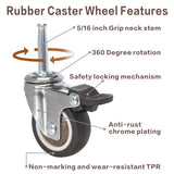 JGJC 2 inch Stem Rubber Caster Wheels, Swivel Casters Set of 4 with Brake, Ball Bearings Castor Wheels for Furniture with Sockets, 5/16" x 1-1/2" Grip Neck Stem Locking Casters for Furniture Legs JGJC
