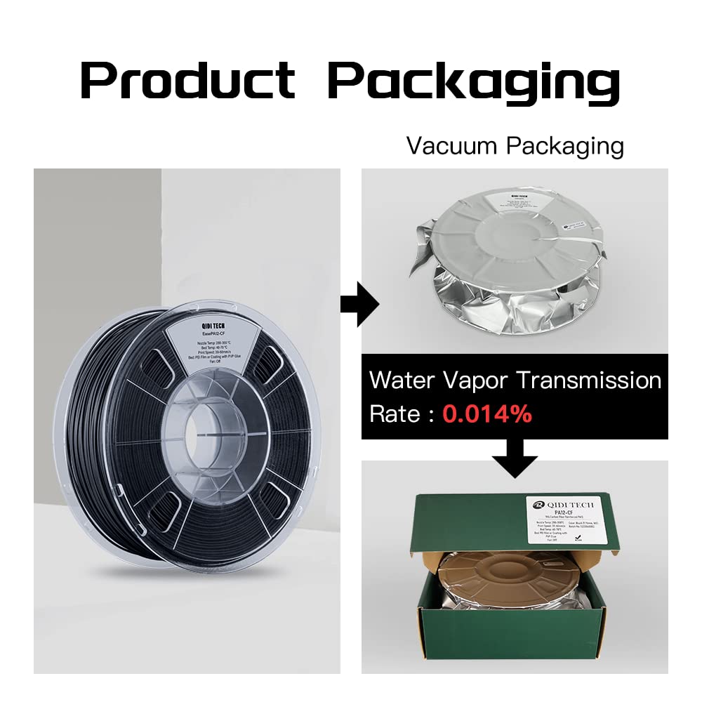 R QIDI TECHNOLOGY PA12-CF Nylon Filament 1.75 Black, Carbon Fiber Nylon Filament 1.75mm 1Kg Spool 3D Printer Filament, High Strength, High Precision, No Warpage, Low Moisture Sensitivity R QIDI TECHNOLOGY