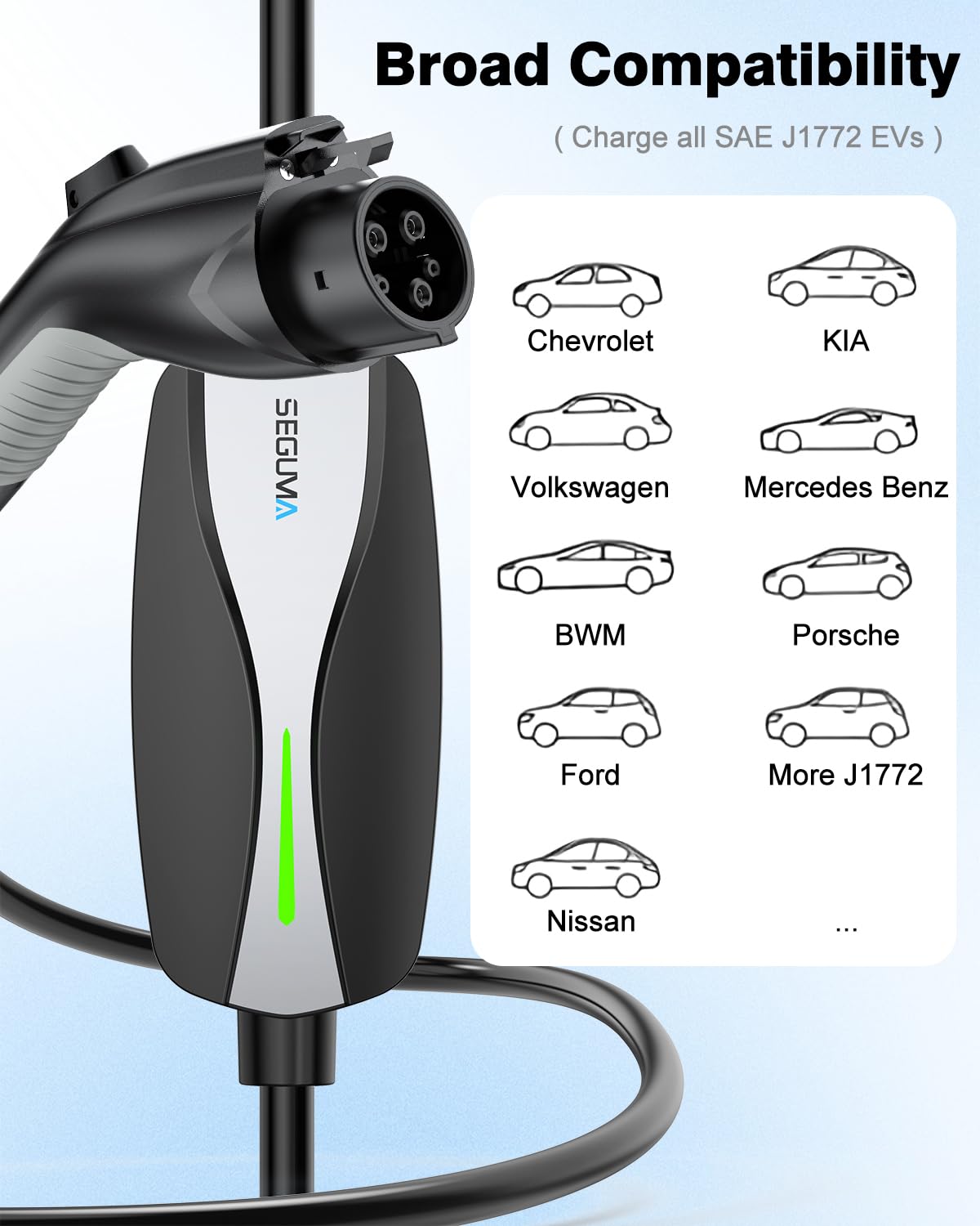 SEGUMA Level 1/2 EV Charger, 16Amp Electric Car Charger Portable EV Charger 25FT Cable with NEMA 6-20 Plug and NEMA 5-15 Adapter, Home Mobile EV Charging Station for J1772 BEVs/PHEVs 110V-240V(Black) SEGUMA