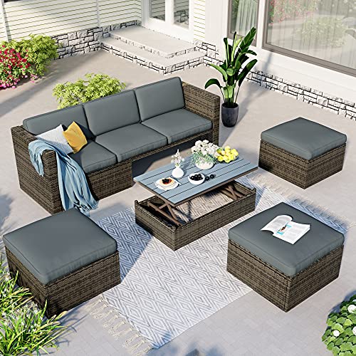 Goohome 5 Pieces Outdoor Patio Sectional Sofa Couch, PE Wicker Furniture Conversation Sets with Adustable Backrest & Washable Cushions & Ottomans & Glass Coffee Table for Garden, Poolside, Backyard Goohome