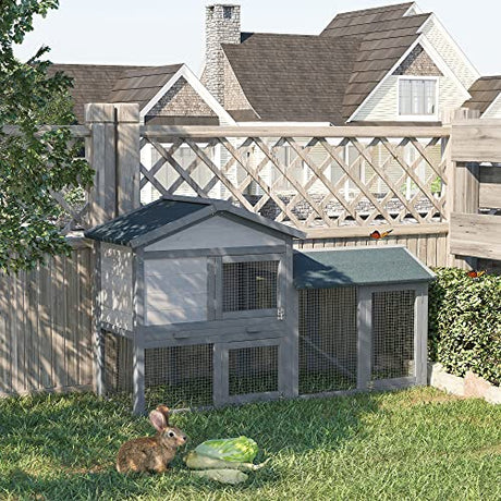 PawHut 58" Rabbit Hutch, Wooden Bunny Hutch, Guinea Pig Cage, Small Animal Enclosure with Run Area, Removable Tray, Asphalt Roof, Lockable Doors and Ramp, Dark Gray PawHut