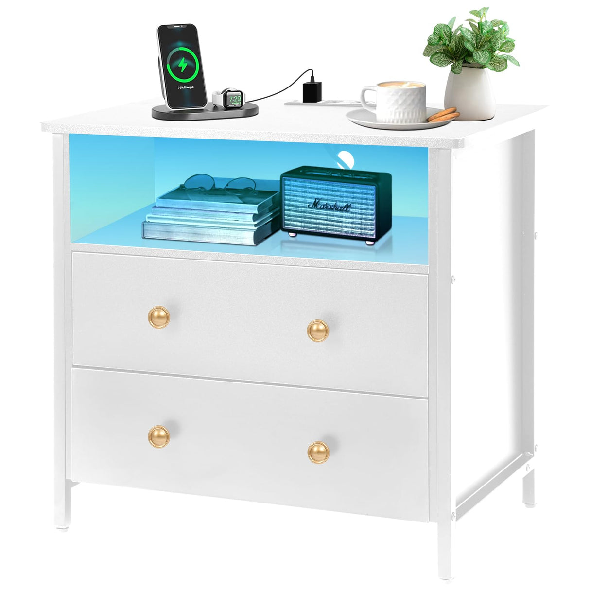Tykacna 27 Inch Wide Night Stand, Wooden Night Stand with 2 Drawers, LED Nightstands with Charging Station and Adjustable Drawer for Living Room/Bedroom/Study/Office Nightstand, White. Tykacna