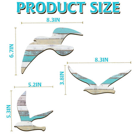 HINGTAI 3Pcs Wood Seagull Beach Wall Decor, Wall Art Beach Decorations Nautical Self-adhesive Seagull Decorations Coastal Themed Decors, Beach Seagull Ocean Decorations for Home Bedroom Living Room HINGTAI