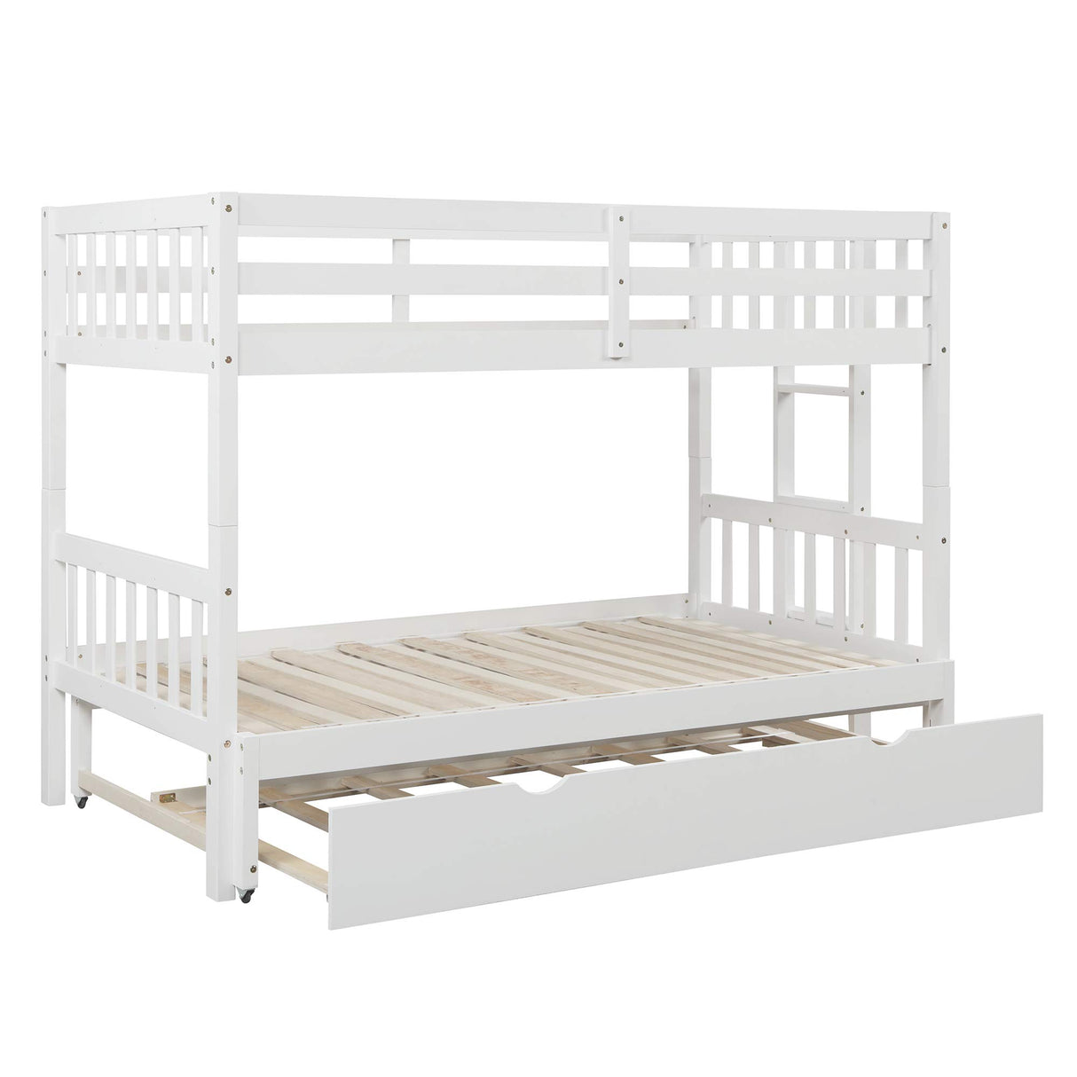 KLMM Twin Over Pull-Out Bunk Bed with Trundle, Wooden Twin Over Twin/Full/Queen/King Accommodate 4 People Extendable Bunk Beds with Ladder and Safety Rail (White) KLMM