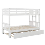 KLMM Twin Over Pull-Out Bunk Bed with Trundle, Wooden Twin Over Twin/Full/Queen/King Accommodate 4 People Extendable Bunk Beds with Ladder and Safety Rail (White) KLMM