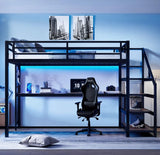 Bellemave Queen loft Bed with Storage Stairs, Shelves, Metal Queen Loft Beds with LED Lights, USB Ports, Multifunctional Iron Nets for Adults, Kids, Teens, Black Bellemave
