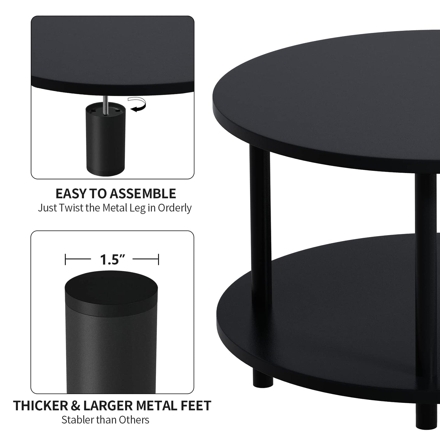 Vanrohe Small Round Coffee Table with Open Storage for Small Space, 23.5" Black 2-Tier Wooden Center Table for Living Room, Metal Legs, Easy to Assemble - WoodArtSupply