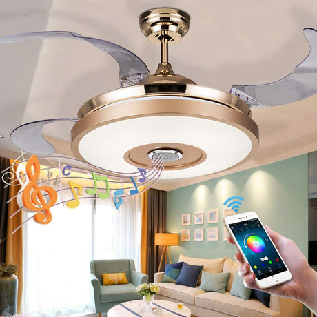 Fandian 36'' Modern Smart Ceiling Fans with Light, Bluetooth Speaker Chandeliers 7 Colors Retractable Blades Fandeliers with Remote Control, Dimmable LED Kits for Indoor Bedroom (36 Classic) Fandian