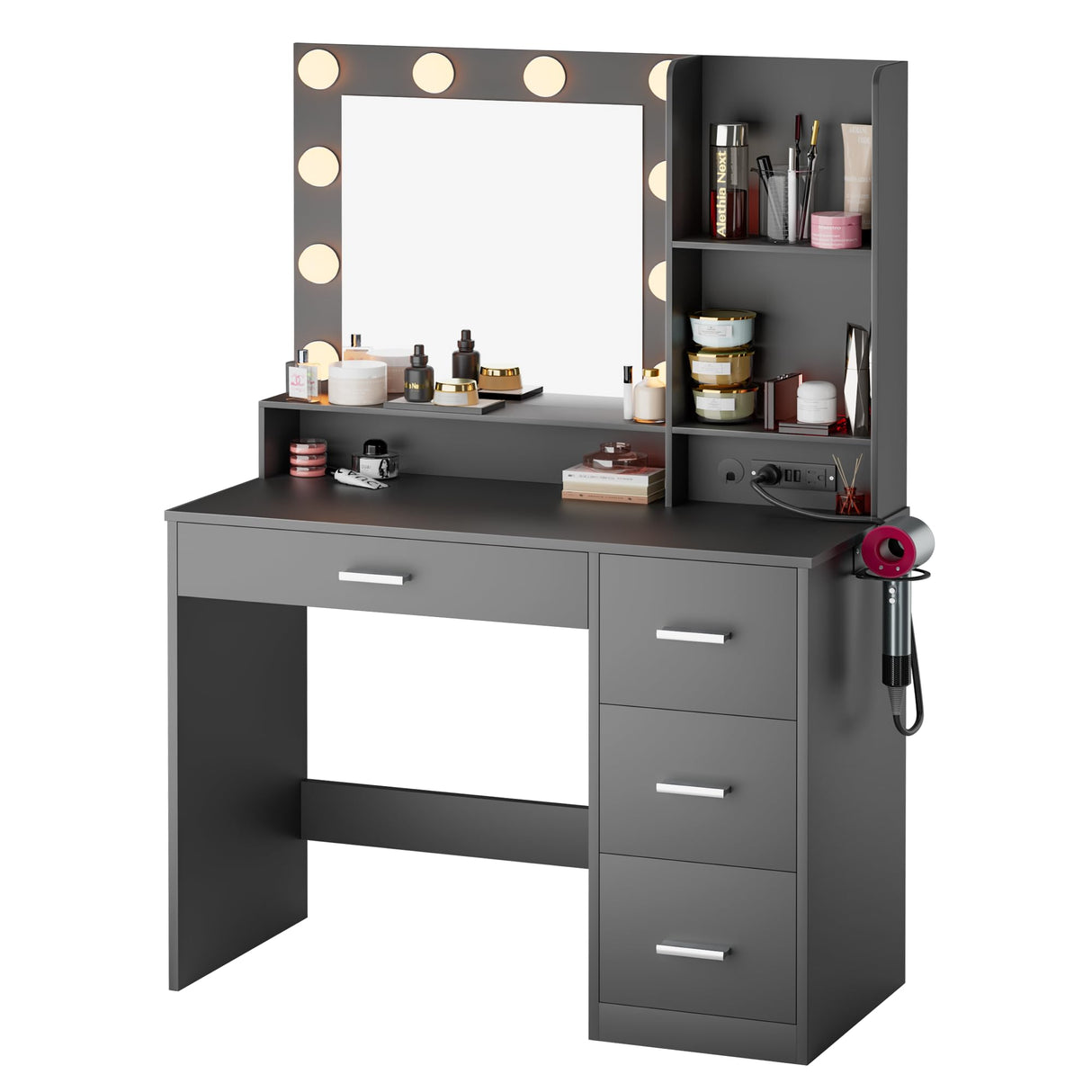 JUMMICO 39.3'' Vanity Desk with LED Lighted Mirror &Power Outlet, Makeup Vanity Table with 4 Large Drawers and 3 Storage Shelves, 3 Model Adjustable Lights for Bedroom & Dressing Room(Black) JUMMICO