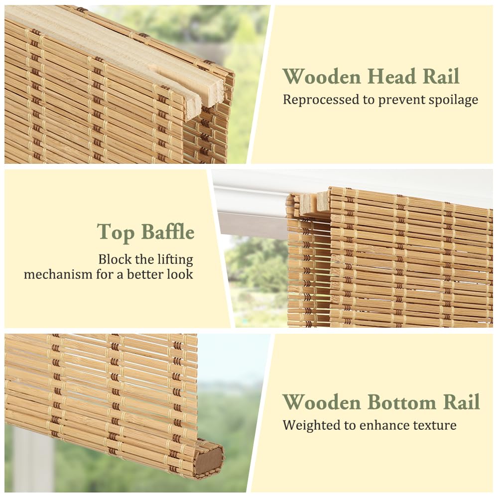 Kokorona Cordless Bamboo Roman Shades with Valance, Light Filtering Bamboo Blinds for Interior Windows, Natural Roll Up Bamboo Shades for Home, Office, Easy Installation, 34" W x 64" H, Natural Kokorona