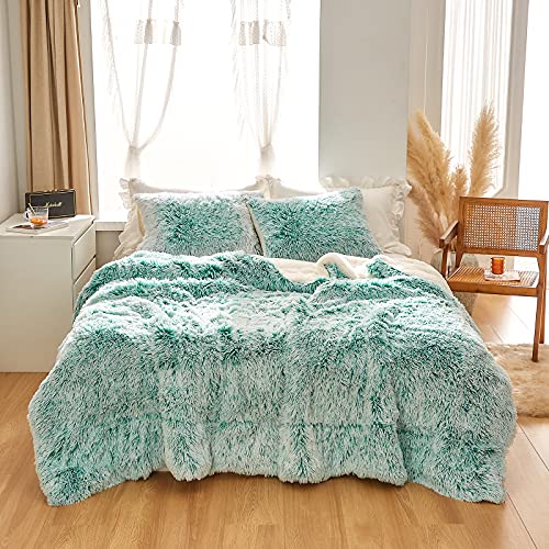 Flysheep Luxury Faux Fur Shaggy Fluffy Comforter Set Twin Size Mixed Aqua and White Long Hair, 3 Pieces Plush Flannel Sherpa Backing Reversible Soft Microfiber Bedding Set Super Warm for Winter Flysheep