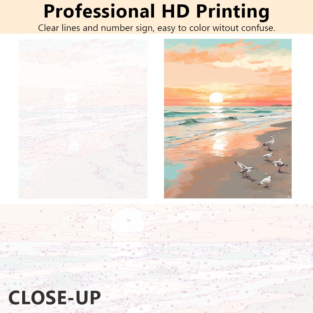 TUMOVO Beach Paint by Numbers Kit for Adults, Adult Paint by Number Seagulls, DIY Acrylic Paint by Numbers Kits on Canvas Abstract Landscape, Oil Painting for Gift Home Wall Decor 16"x20"(Frameless) TUMOVO