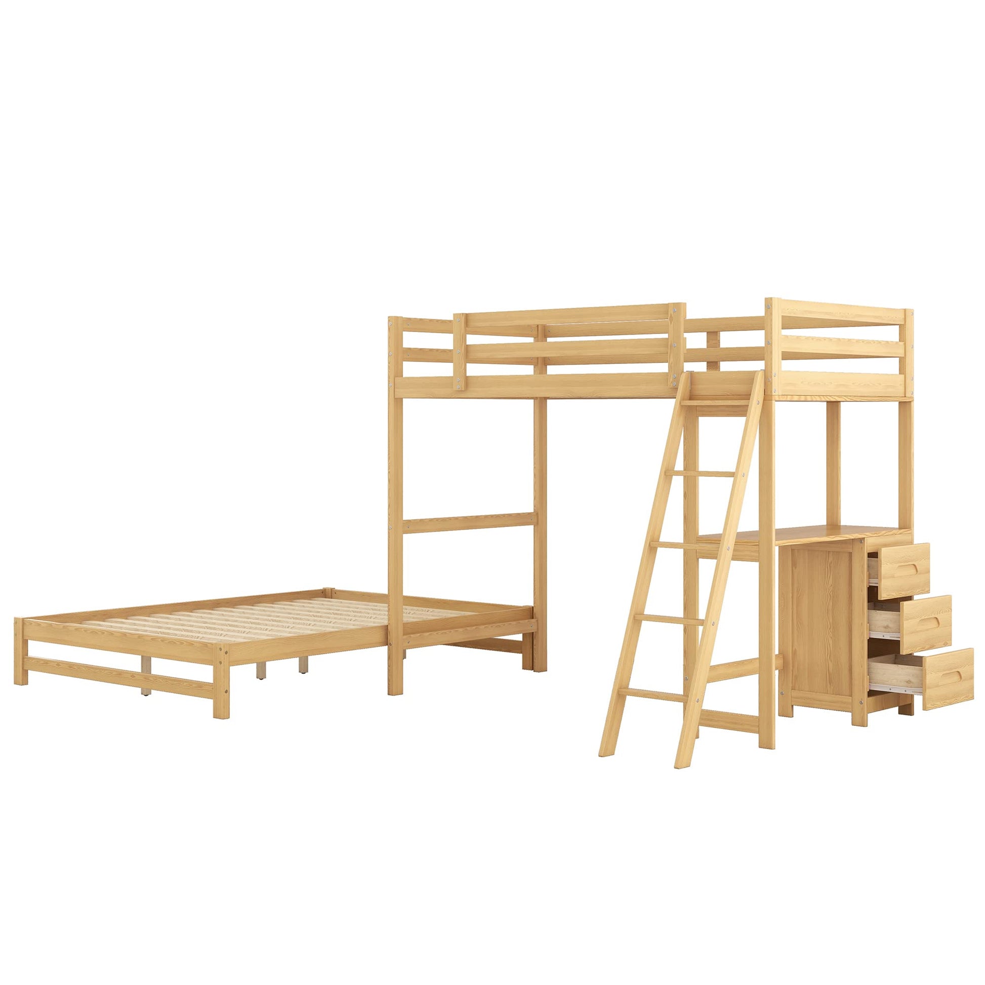 VilroCaz Twin Over Full Bunk Bed with Built-in Desk and Nightstand in Natural Finish - WoodArtSupply