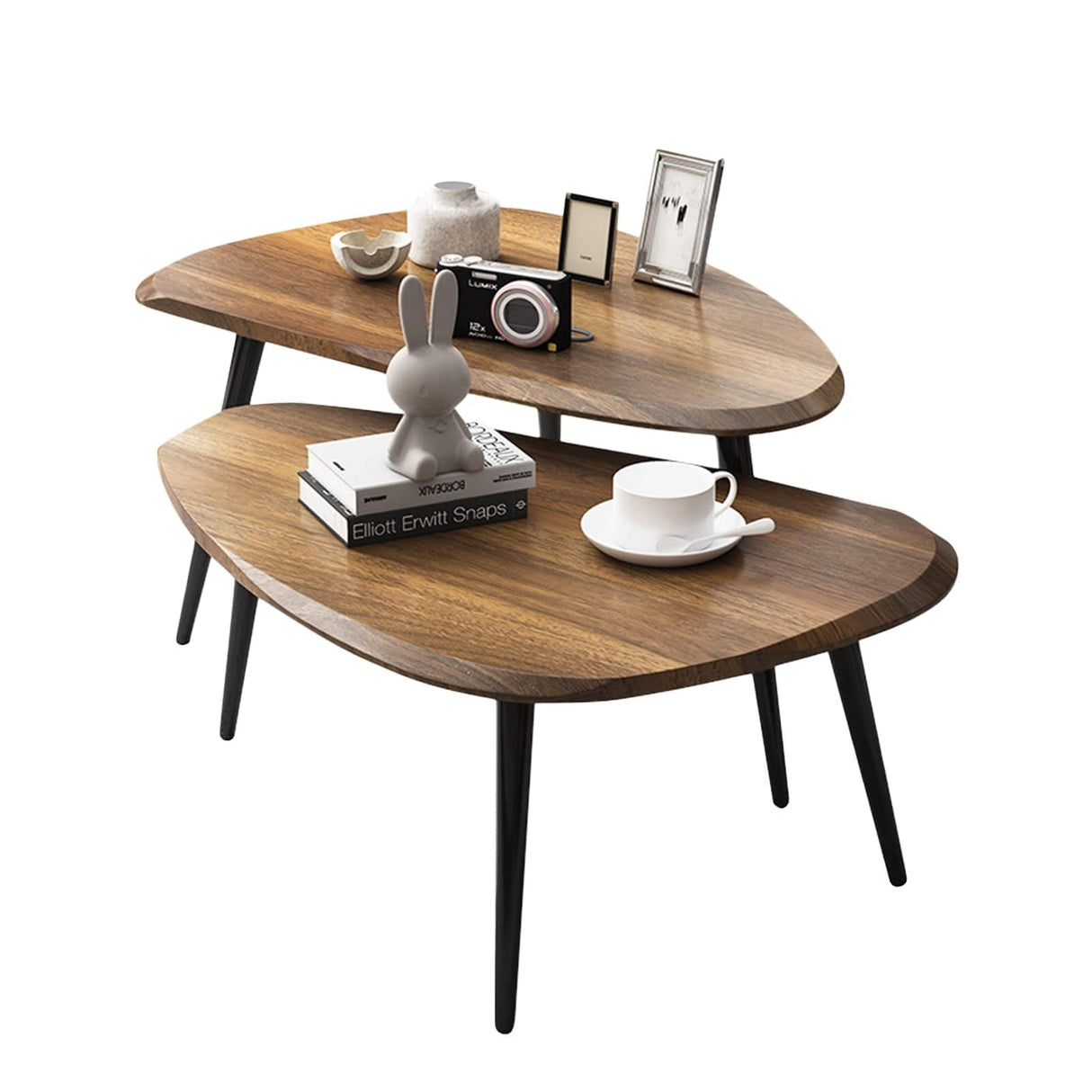 Midcentury Nesting Coffee Table Set of 2, Mid Century Modern Walnut Wood Oval Coffee Tables for Living Room, Compact Coffee Table and Side Table Set for Sofa Bedside Office Balcony or Small Spaces suruim