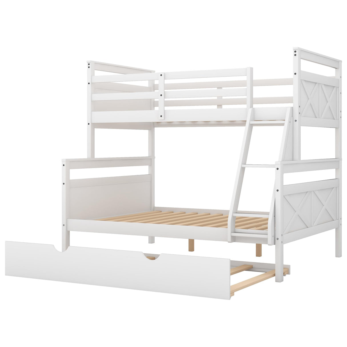 Twin Over Full Bunk Bed with Trundle, Wood Bunk Bed Twin Over Full with Safety Guardrail & Ladder, Convertible to 3 Separated Beds, Perfect for Kids, Teens,Adults,Bedroom Furniture,White Harper & Bright Designs