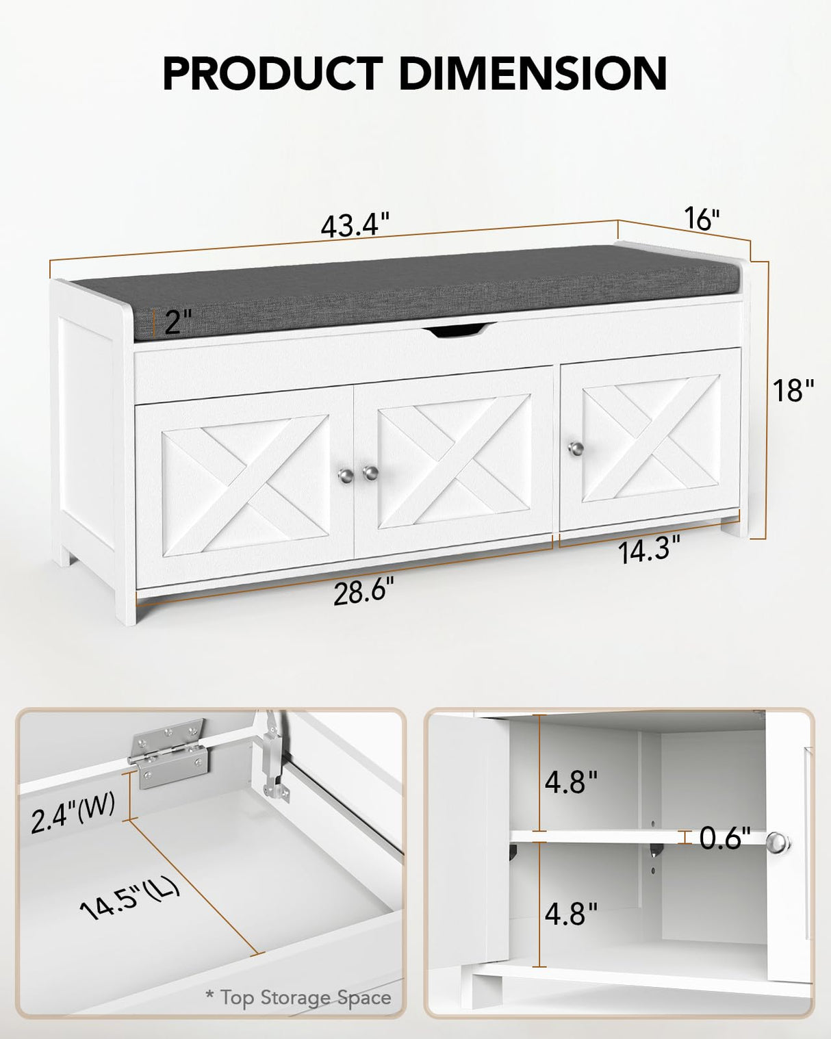 Amada Shoe Storage Bench, Entryway Bench with Cushioned Seat & Lift Top Storage, 3 Doors, Adjustable Shelf, 300 lbs Capacity, Bench with Shoe Rack for Entryway, Bedroom, Living Room, White AMADA HOMEFURNISHING