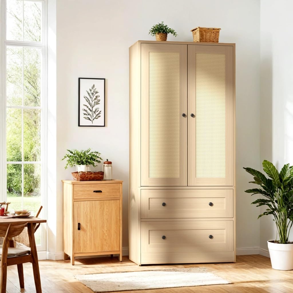 DIYART Rattan Oak Kitchen Pantry Cabinet, 64.2" Tall Kitchen Storage Cabinet with Doors and Drawers, Freestanding Wooden Storage Cabinet for Kitchen, Dining Room DIYART