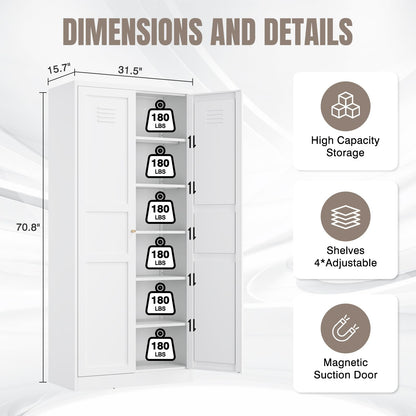 Yizosh Metal Storage Cabinet with 2 Doors and 5 Adjustable Shelves - 71" White Kitchen Pantry Storage Cabinet, 5-Tier Tall Steel Cabinet Locker for Kitchen, Living Room, Dining Room
