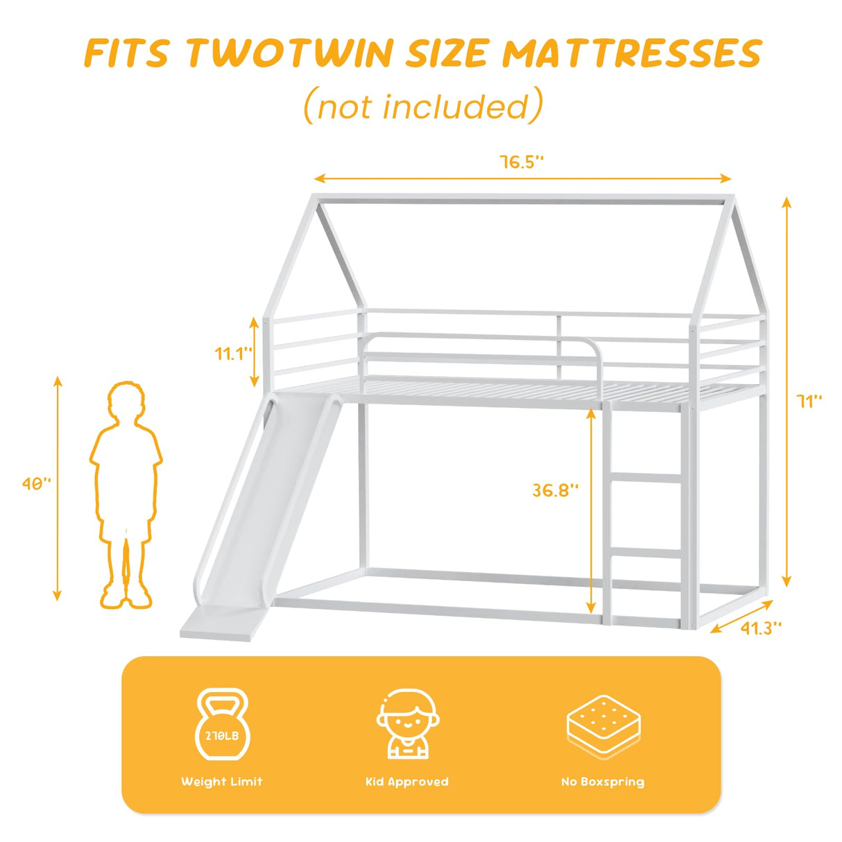 Varmsteda Bunk Bed Twin Over Twin for Kids with Slide and Ladder, Metal Floor Bunk Bed Frame with Full-Length Guardrail, Space-Saving Bunk Beds, White Varmsteda