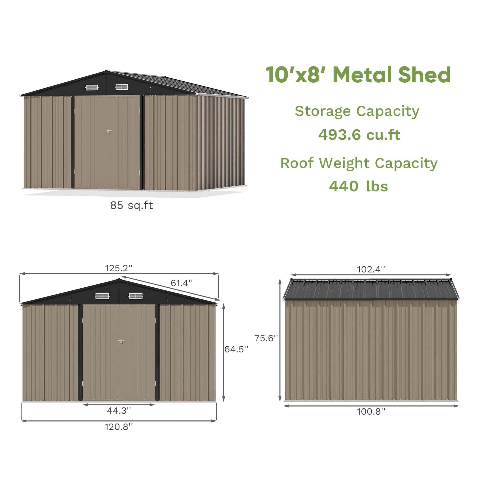 Patiowell 10 x 8 FT Outdoor Storage Shed, Large Garden Tool Metal Shed with Sloping Roof and Double Lockable Door, Outdoor Shed for Backyard Garden Patio Lawn, Brown - WoodArtSupply