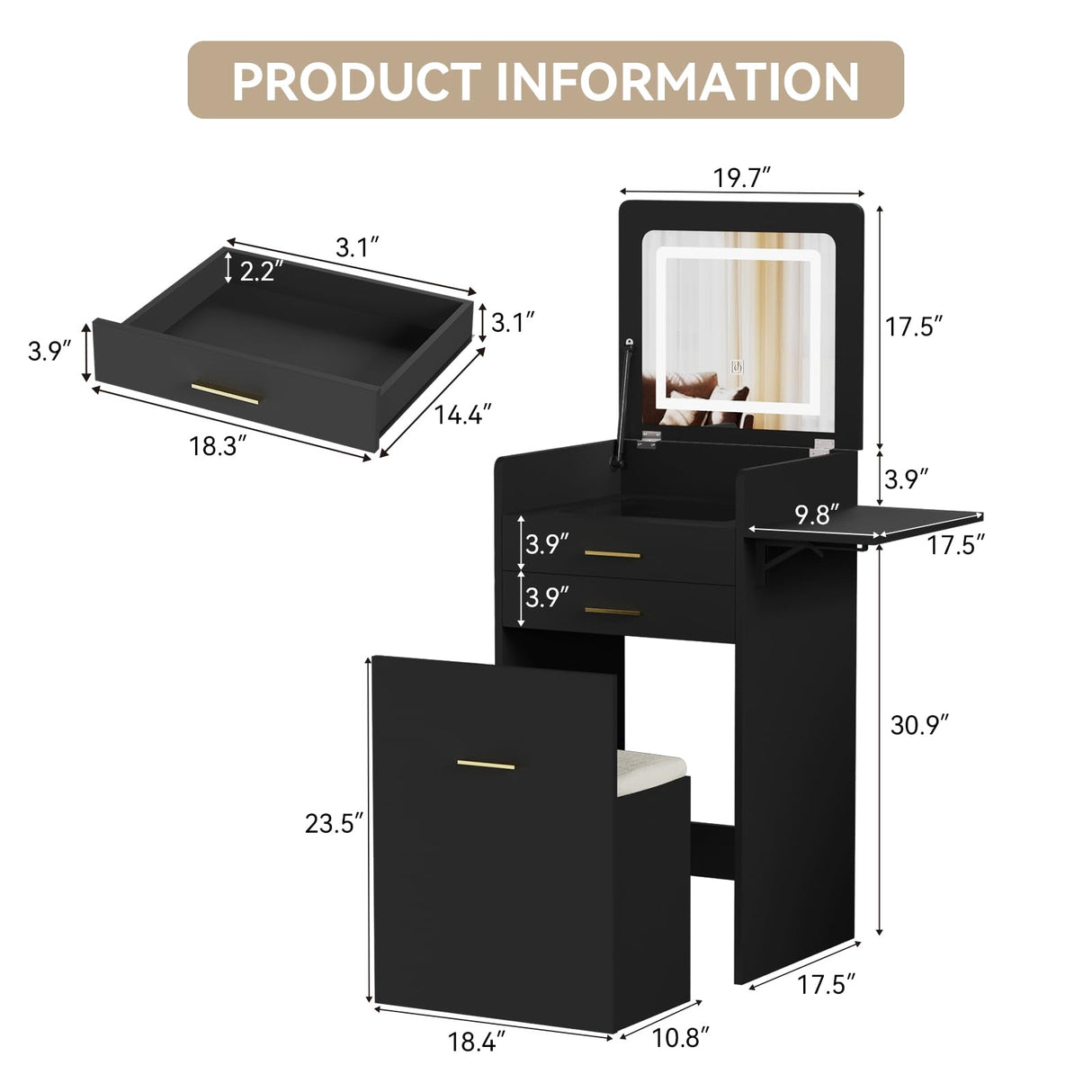 ARTETHYS Small Vanity Desk Set with Flip-top Mirror and Lights Black Integrated 3 in 1 Makeup Table for Small Space Compact Mini Dressing Table with Fold-up Panel and Storage Chair for Bedroom ARTETHYS