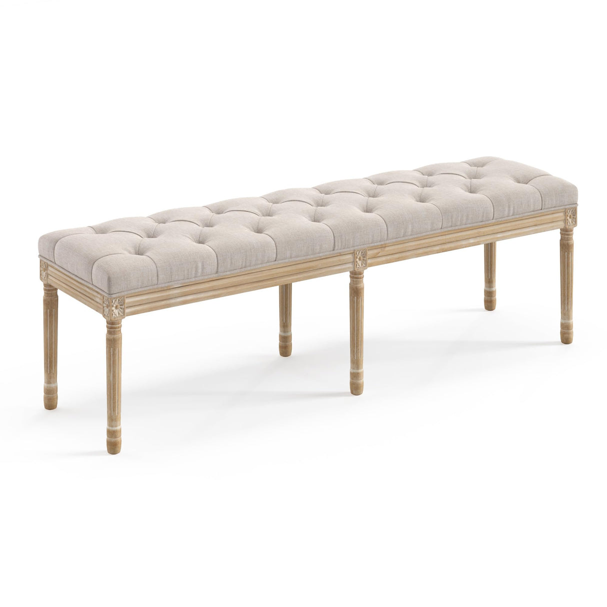 LUE BONA 60" Bedroom Bench, Vintage French Tufted End of Bed Bench, Upholstered Fabric Ottoman Bench with Carved Wood Legs for Bedroom,Dining Bench Piano Stool for Living Room,Foyer, Linen LUE BONA