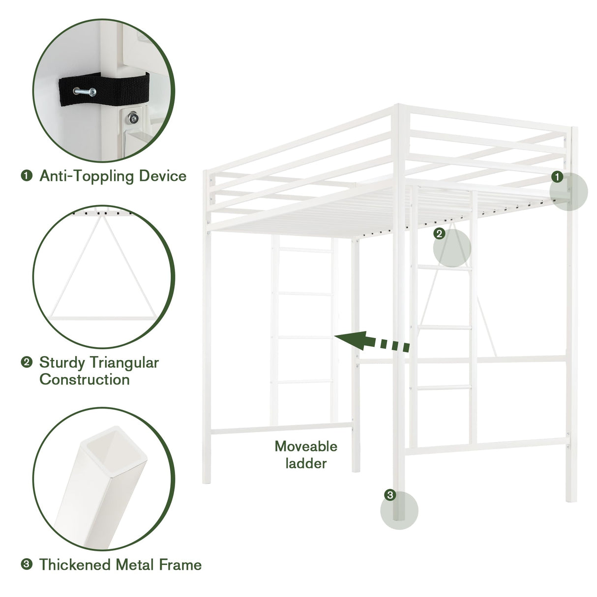 MUTICOR Twin Loft Bed Frame for Juniors and Adults with Safety Guardrail and Ladder,Metal Slats Support, Small Space Saving Furniture for Bedroom Kids Room and Dorm,White MUTICOR