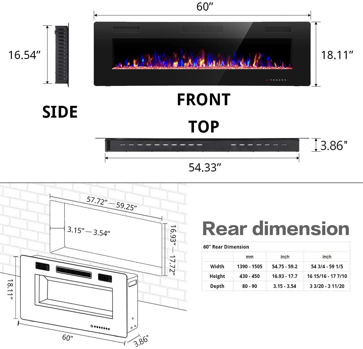 R.W.FLAME 60" Recessed and Wall Mounted Electric Fireplace, Low Noise, Remote Control with Timer, Touch Screen, Adjustable Flame Color and Speed, 750-1500W