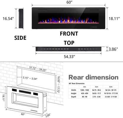 R.W.FLAME 60" Recessed and Wall Mounted Electric Fireplace, Low Noise, Remote Control with Timer, Touch Screen, Adjustable Flame Color and Speed, 750-1500W