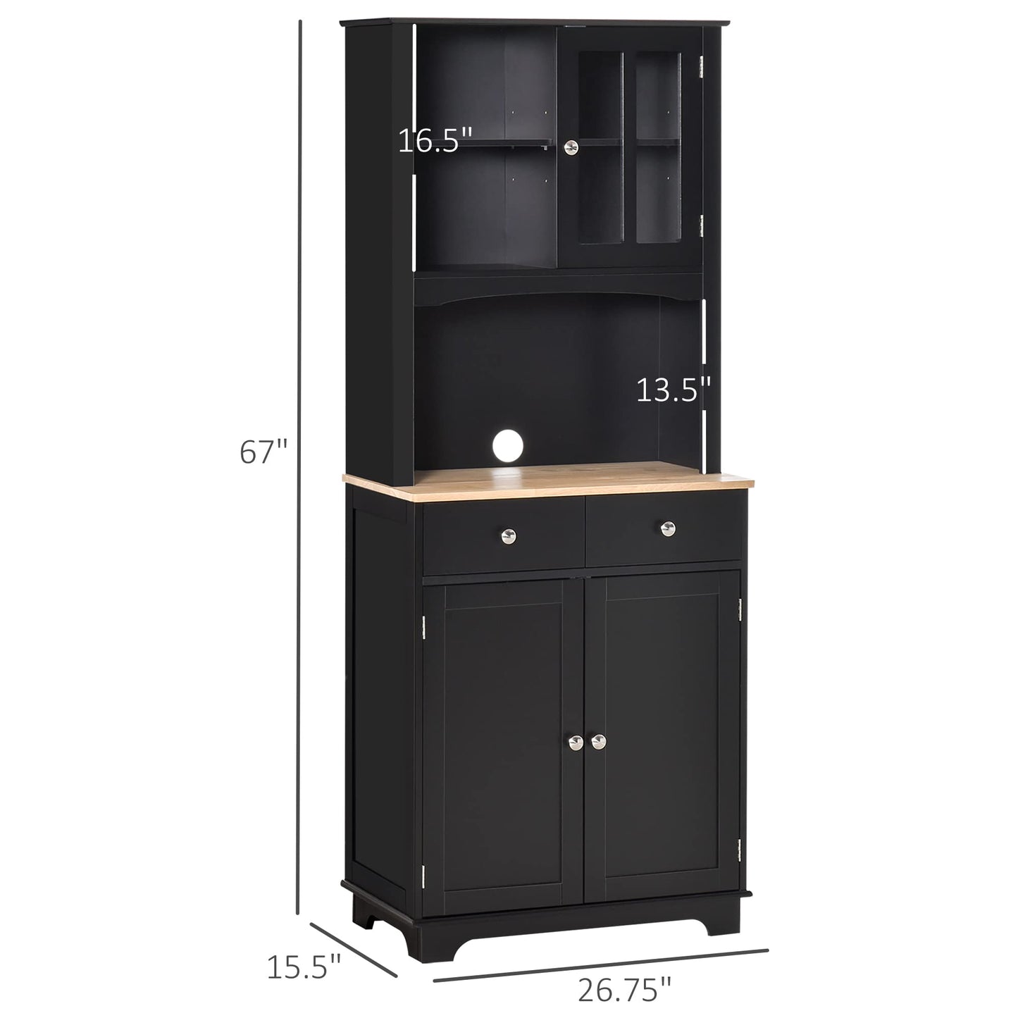 HOMCOM Freestanding 67" Kitchen Buffet with Hutch, Pantry Cabinet with Microwave Stand, Adjustable Shelf, 2 Drawers, Cupboard, Black