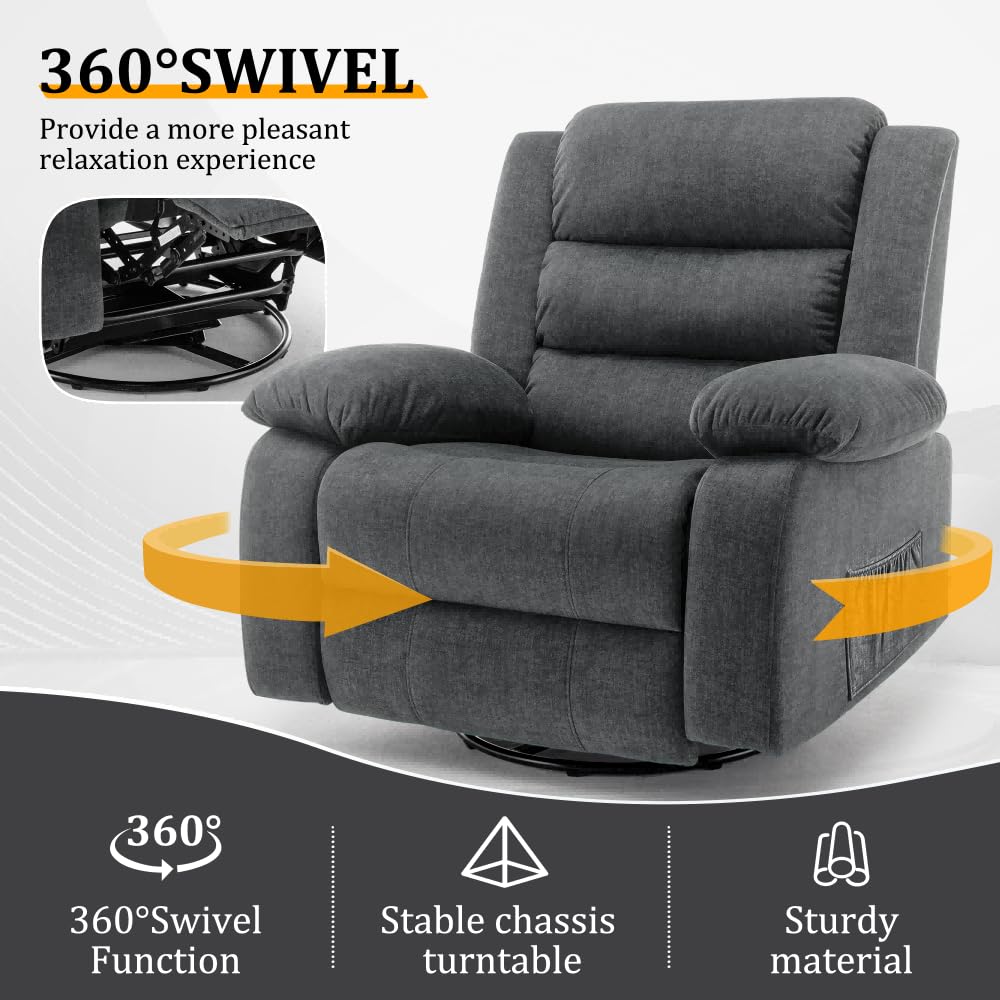 Korser Recliner Chair, Wide Rocker Chair, Rocking Chair with Massage and Heat,360°Swivel Nursery Rocking Chairs, Oversized Recliner for Adults, Cashmere Reclining Sofa for Living Room, Grey Korser